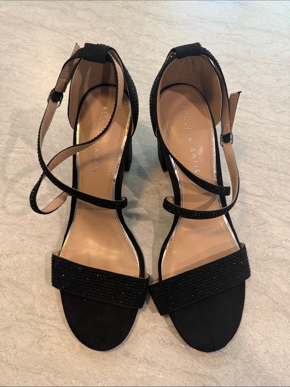 Kelly & Katie Black Strappy Block Heel Sandals with Ankle Wrap